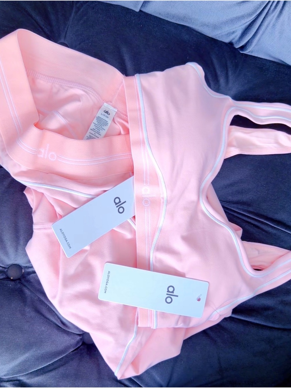 ALO Yoga Light Blush Pink Racerback Sports Bra with White Trim